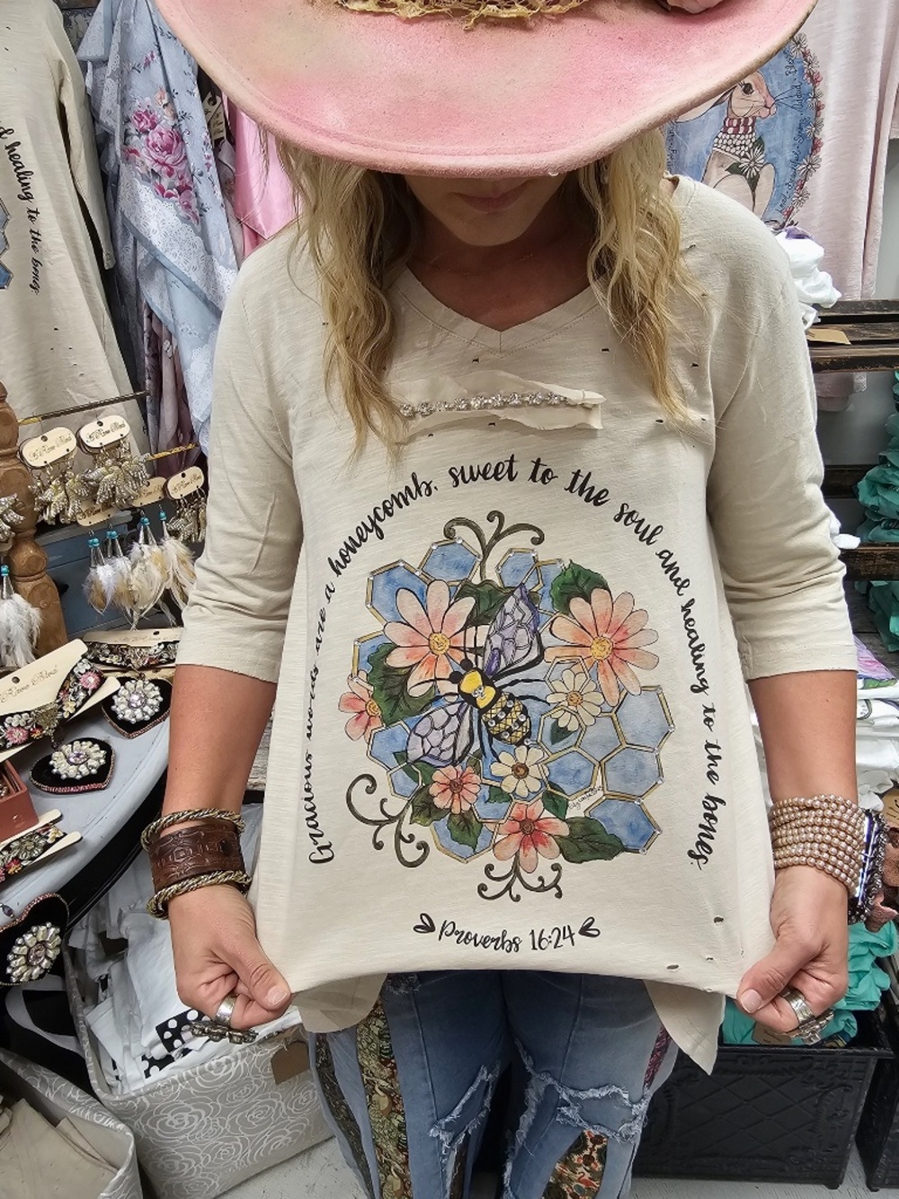 A Rare Bird Rhinestone Distressed Floral Bee Graphic Top